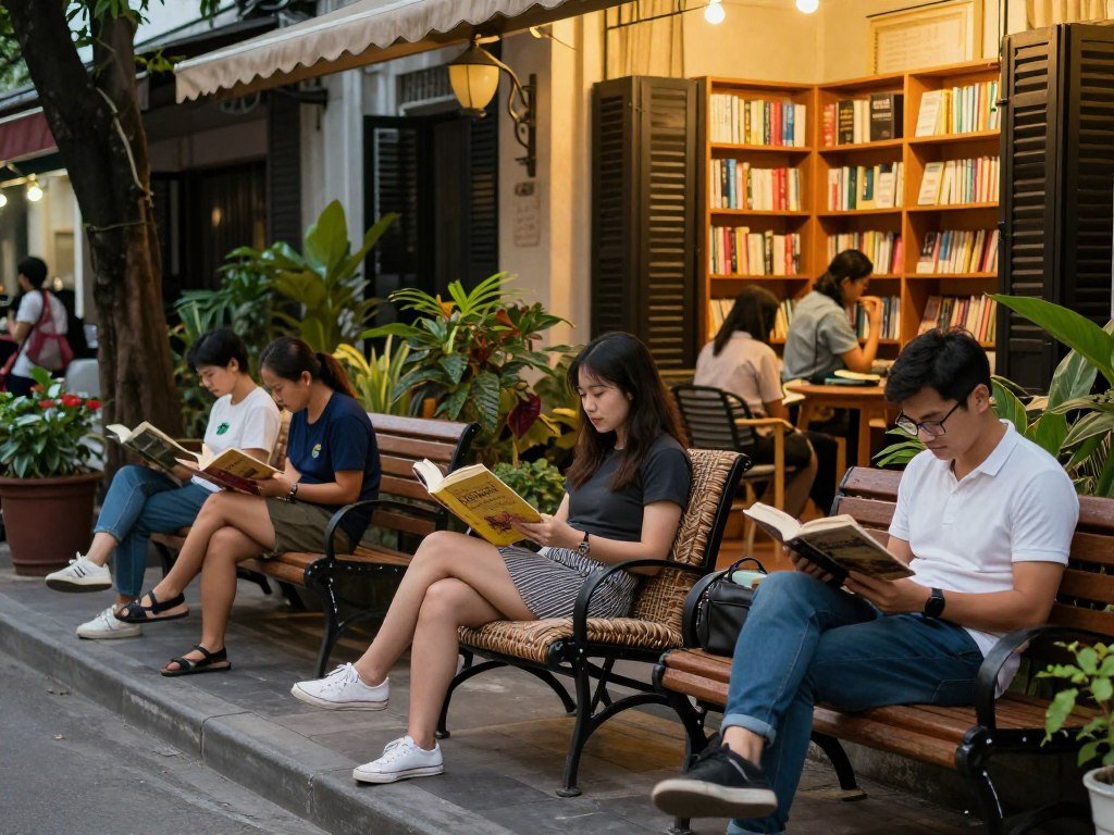 people reading books at Book Street outdoor seating