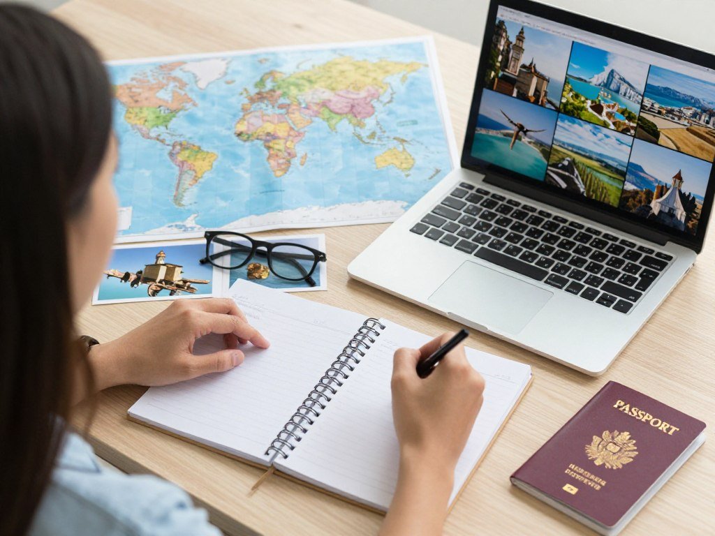 person planning digital nomad journey with maps and documents