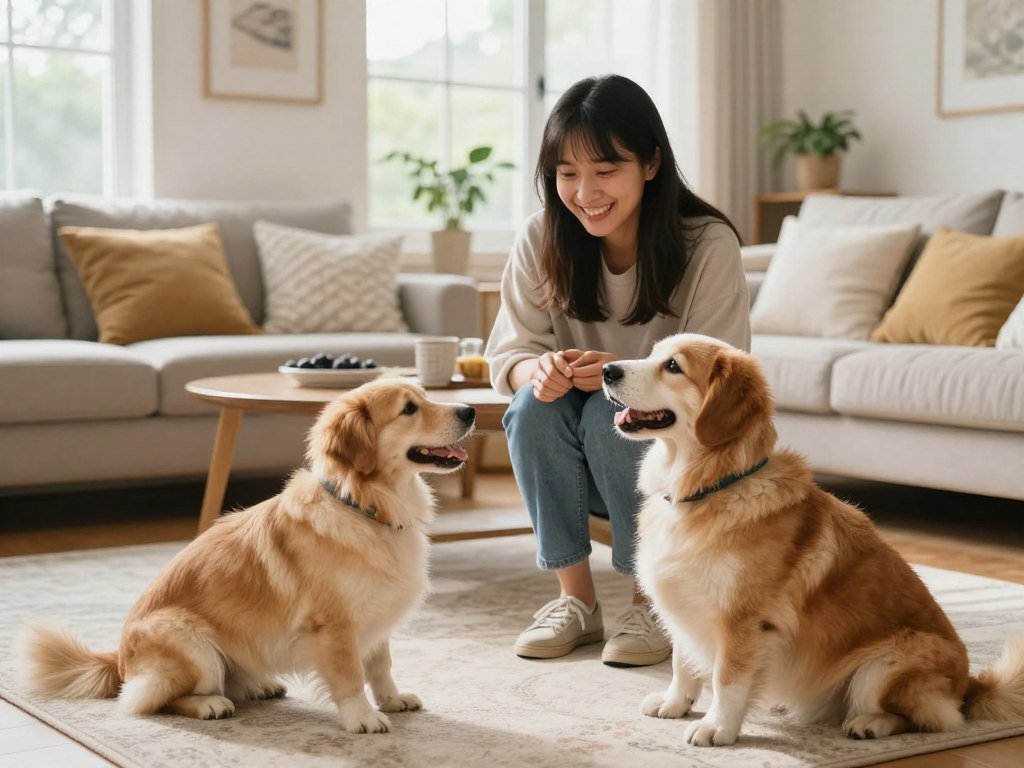 pet sitter with happy dogs in comfortable home