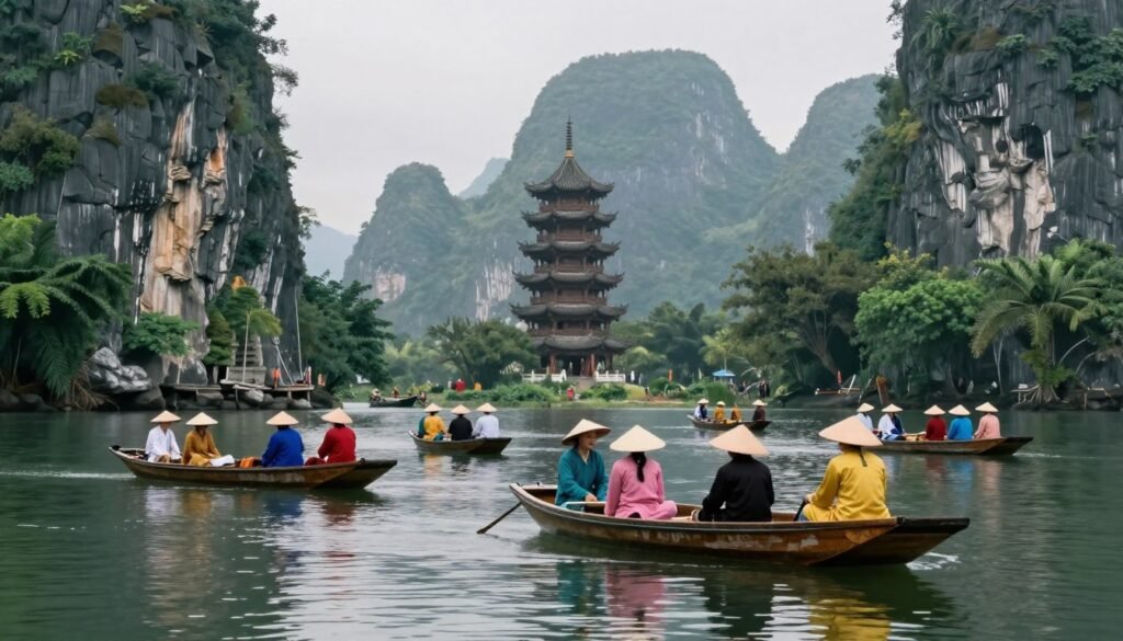 pilgrims in rowing boats traveling through karst landscape to Perfume Pagoda