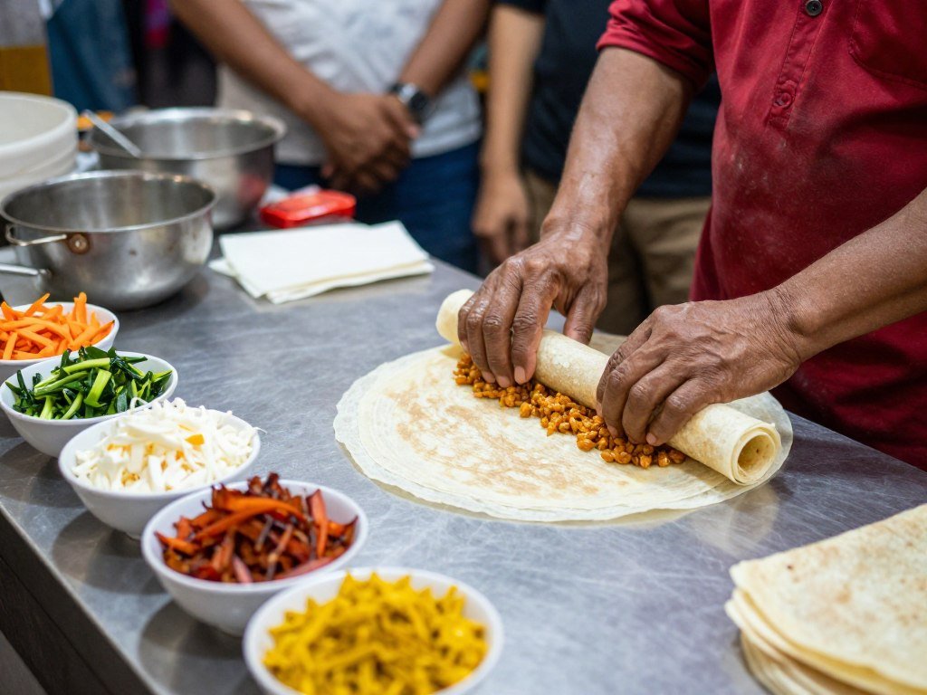 popiah vendor assembling spring rolls at stall