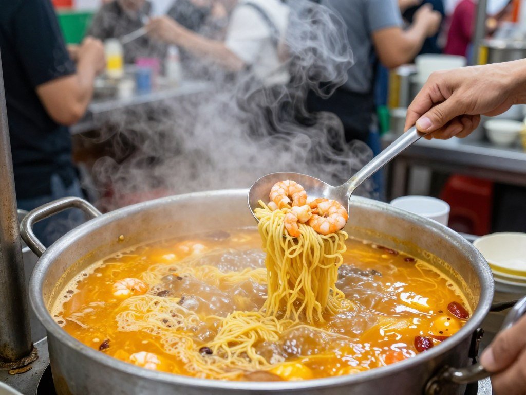 preparing hokkien mee at hawker stall penang