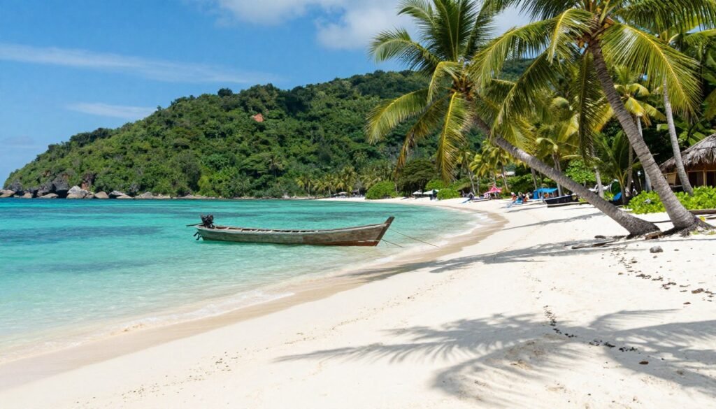 pristine white sand beach on Phu Quoc island with turquoise water and palm trees pristine white sand beach on Phu Quoc island with turquoise water and palm trees