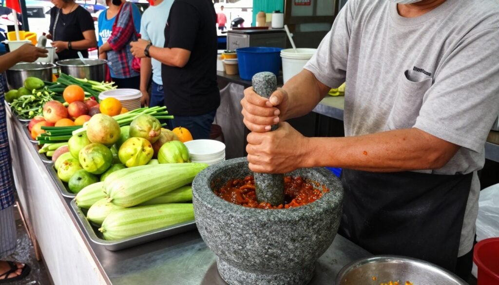 rojak vendor preparing salad at hawker centre