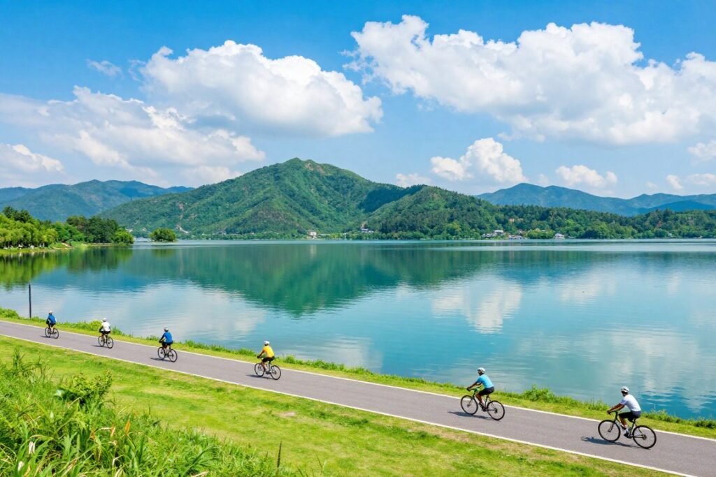 scenic Sun Moon Lake with cyclists on lakeside path
