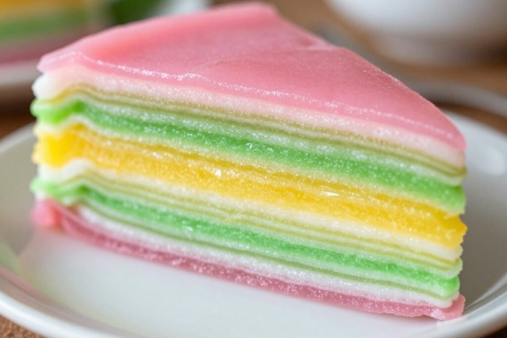 slice of kuih lapis rainbow layer cake penang