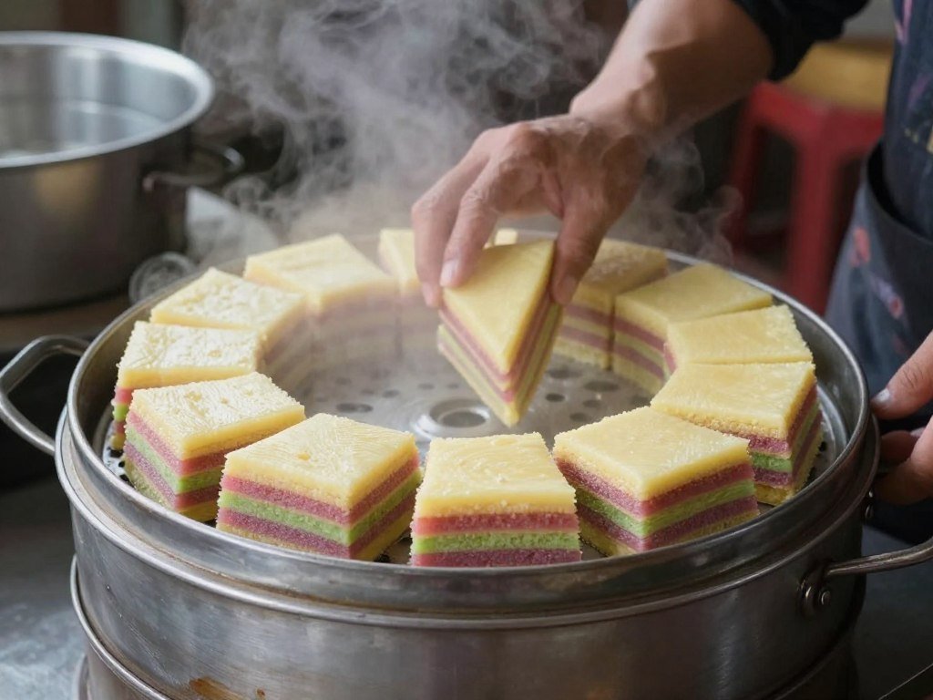 steaming kuih lapis in traditional steamer