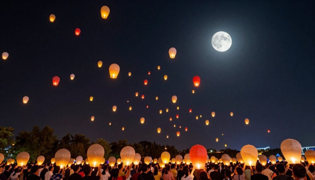 thousands of colorful lanterns floating in night sky during Mid-Autumn Festival