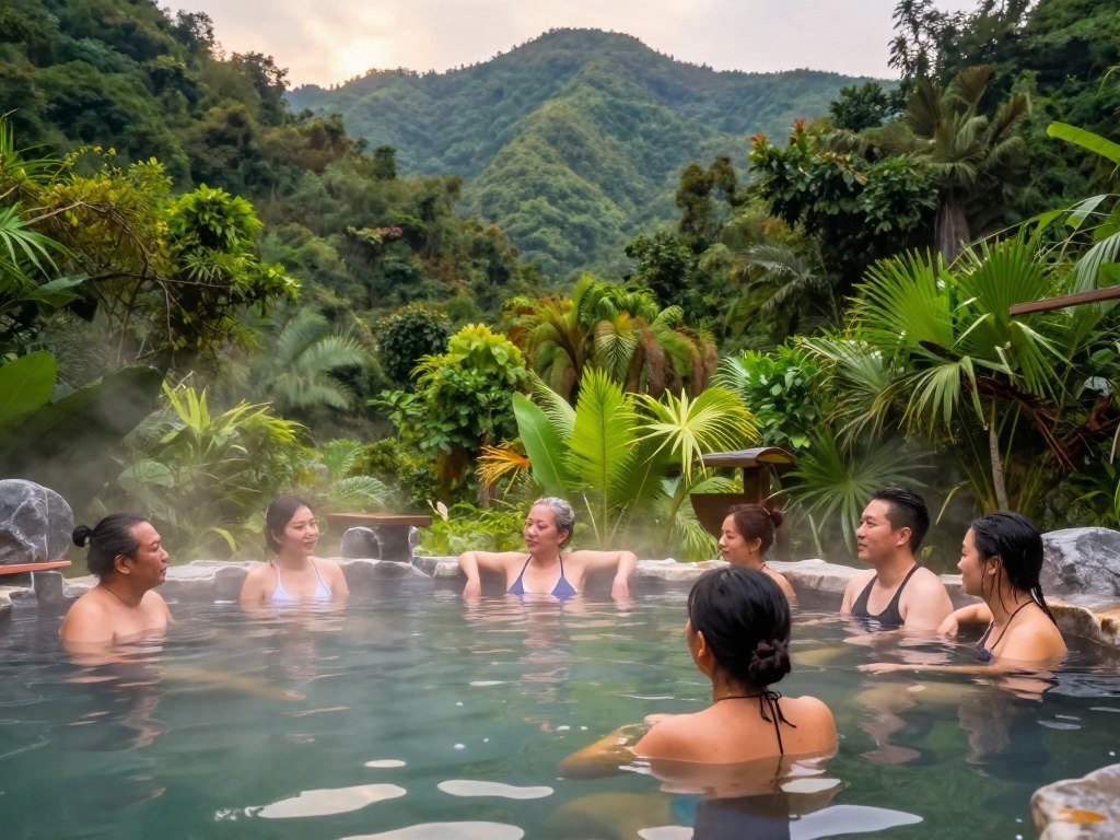 tourists enjoying affordable hot springs in Taiwan mountain area