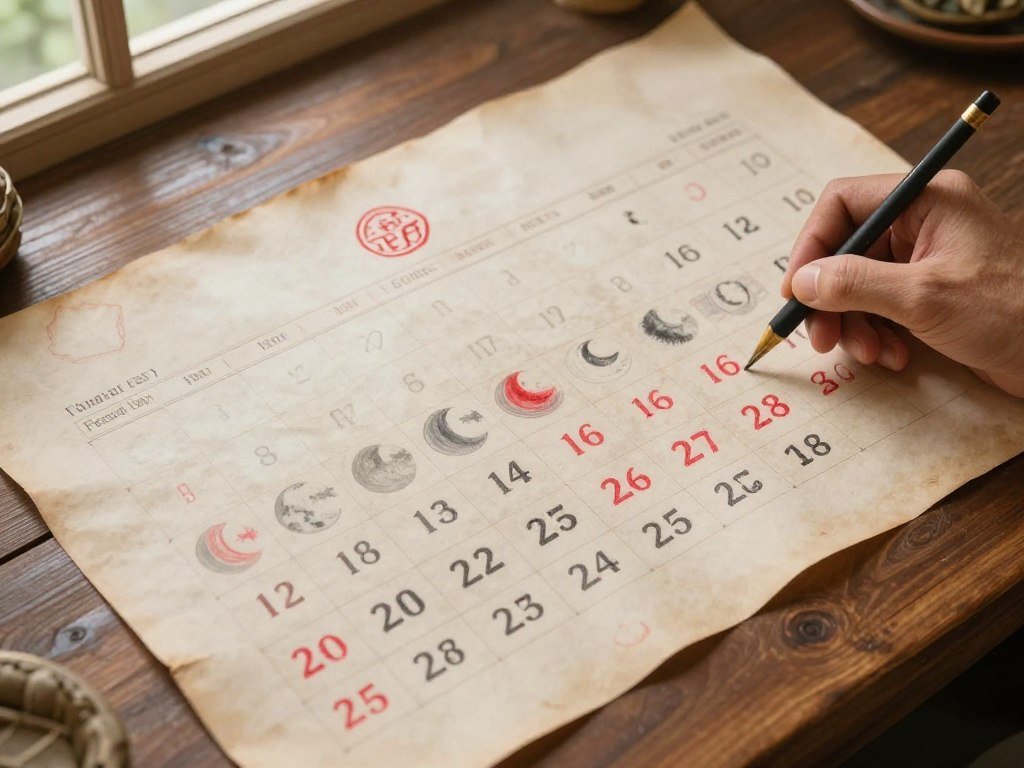 traditional Southeast Asian lunar calendar with festival markings and cultural symbols