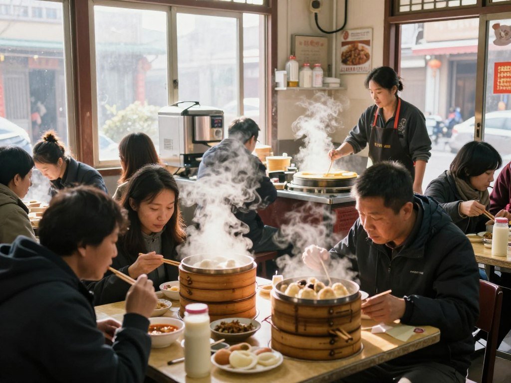 traditional Taiwan breakfast shop with local customers eating affordable meals
