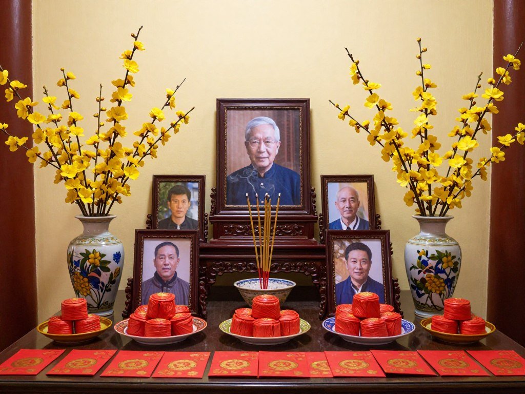 traditional Vietnamese Tet festival altar with flowers and offerings