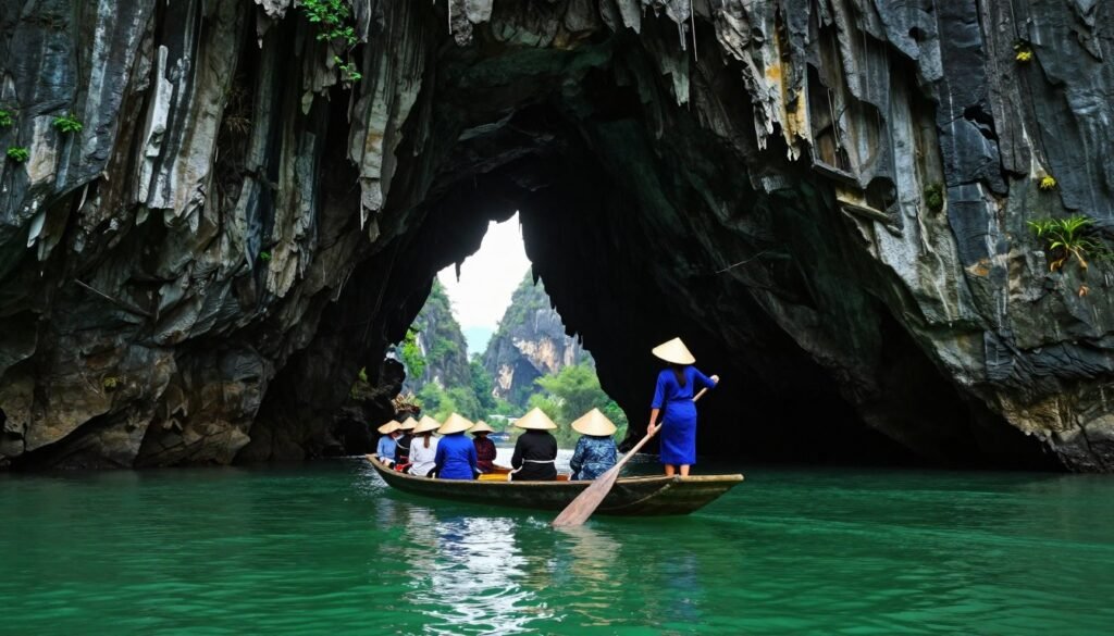 traditional Vietnamese boat gliding through limestone caves in Ninh Binh with rower using feet traditional Vietnamese boat gliding through limestone caves in Ninh Binh with rower using feet
