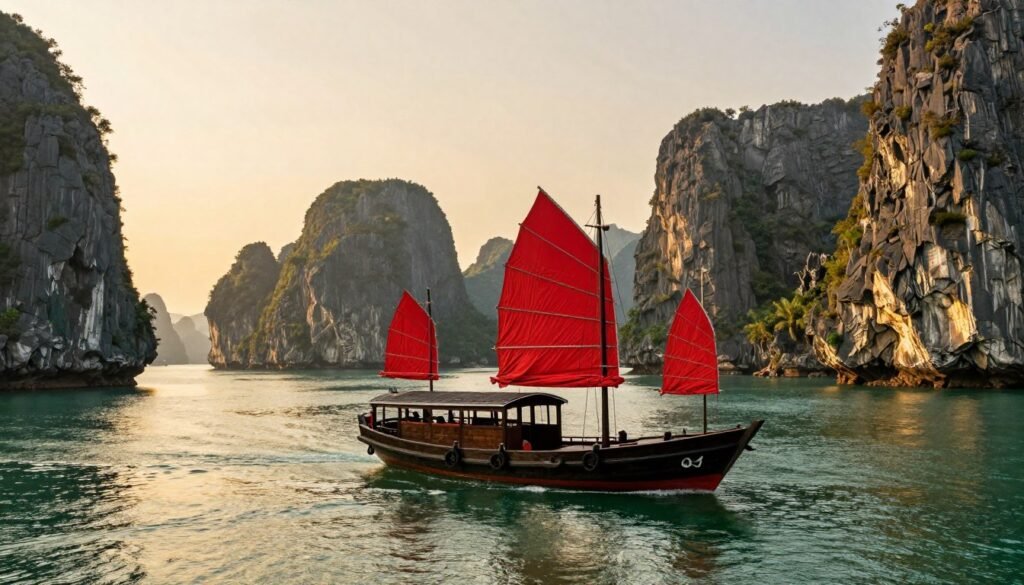 traditional Vietnamese junk boat sailing through Ha Long Bay's limestone karsts at golden hour traditional Vietnamese junk boat sailing through Ha Long Bay's limestone karsts at golden hour