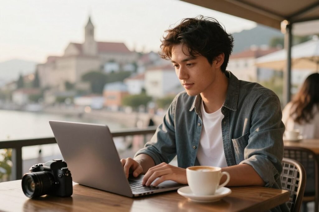 travel blogger creating content with laptop and camera