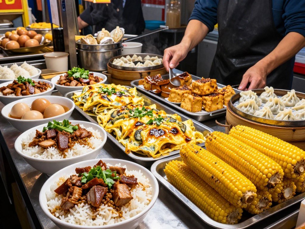 variety of affordable Taiwan street food dishes on display