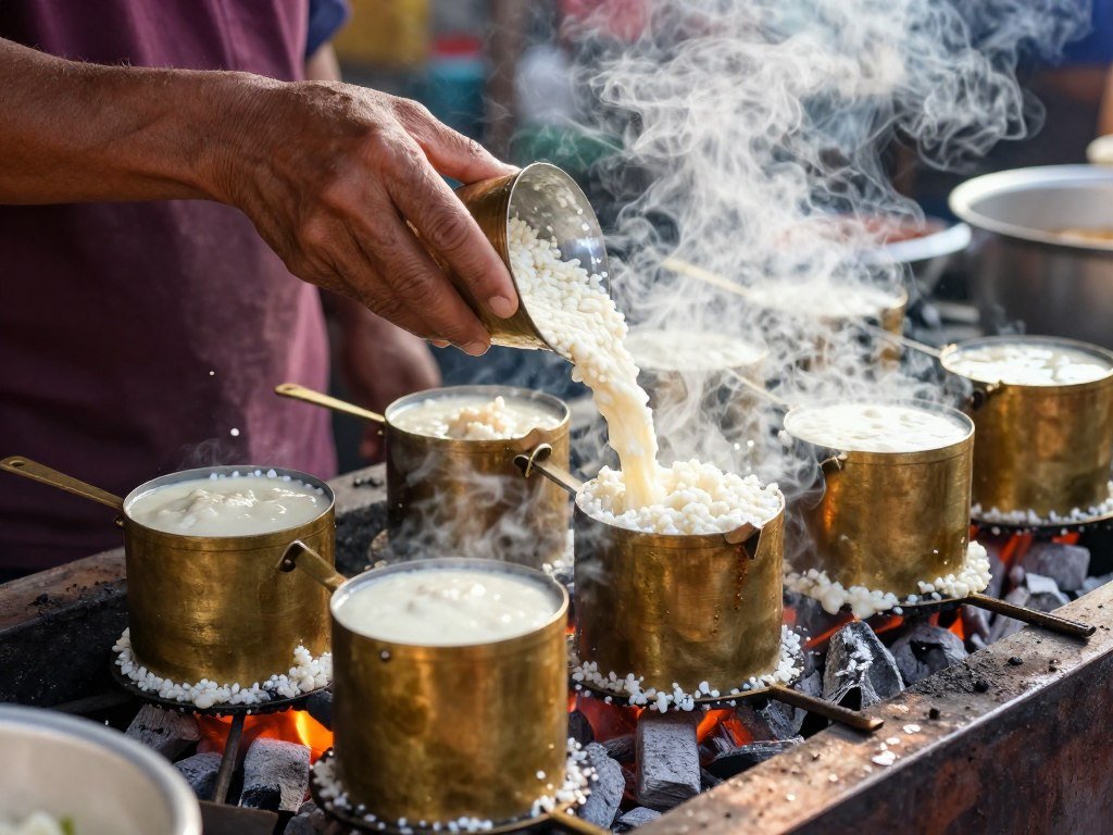vendor cooking apom manis over charcoal
