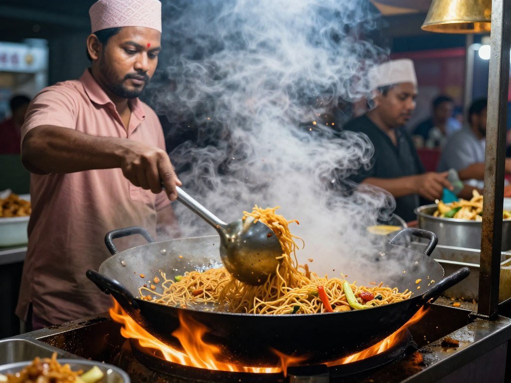 vendor cooking mee goreng at mamak stall