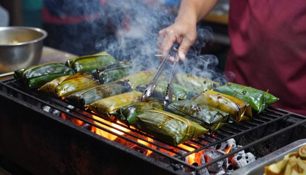 vendor grilling otak-otak over charcoal