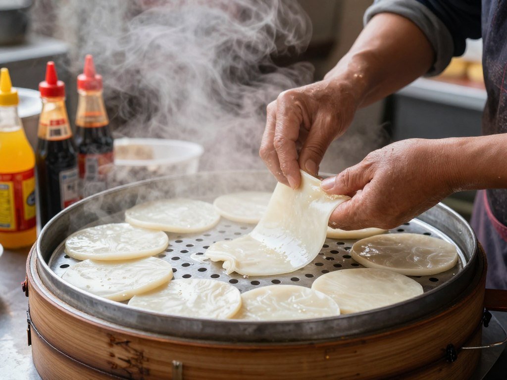 vendor making chee cheong fun at hawker stall