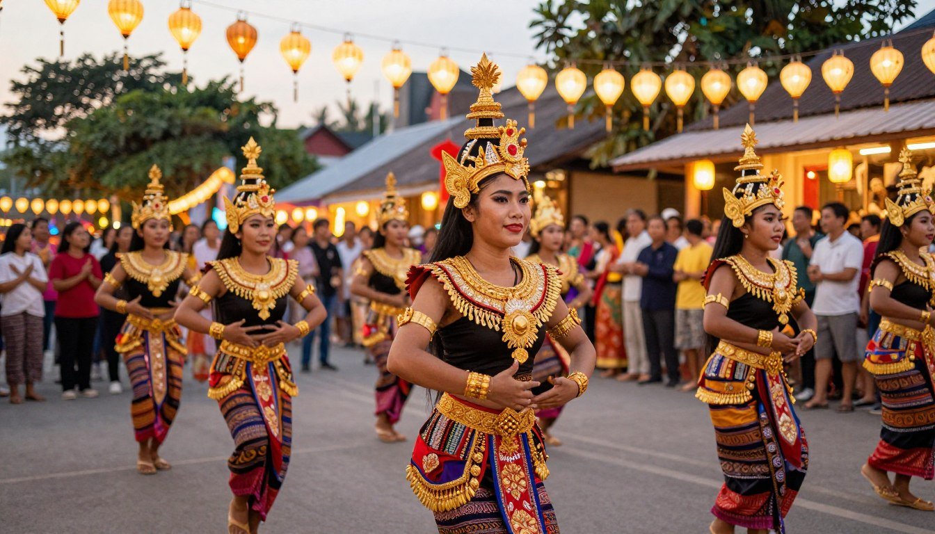 vibrant Southeast Asian festival celebration with traditional dancers in colorful costumes