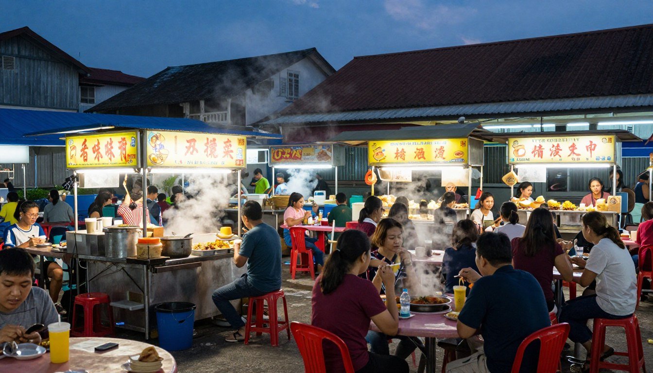 vibrant penang street food scene with colorful hawker stalls