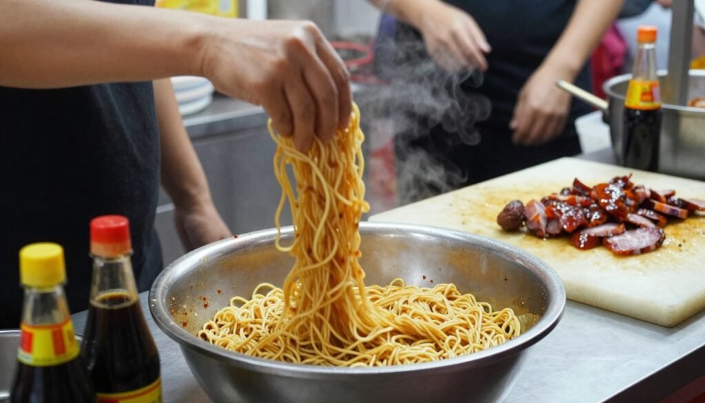 wan tan mee vendor tossing noodles at hawker stall