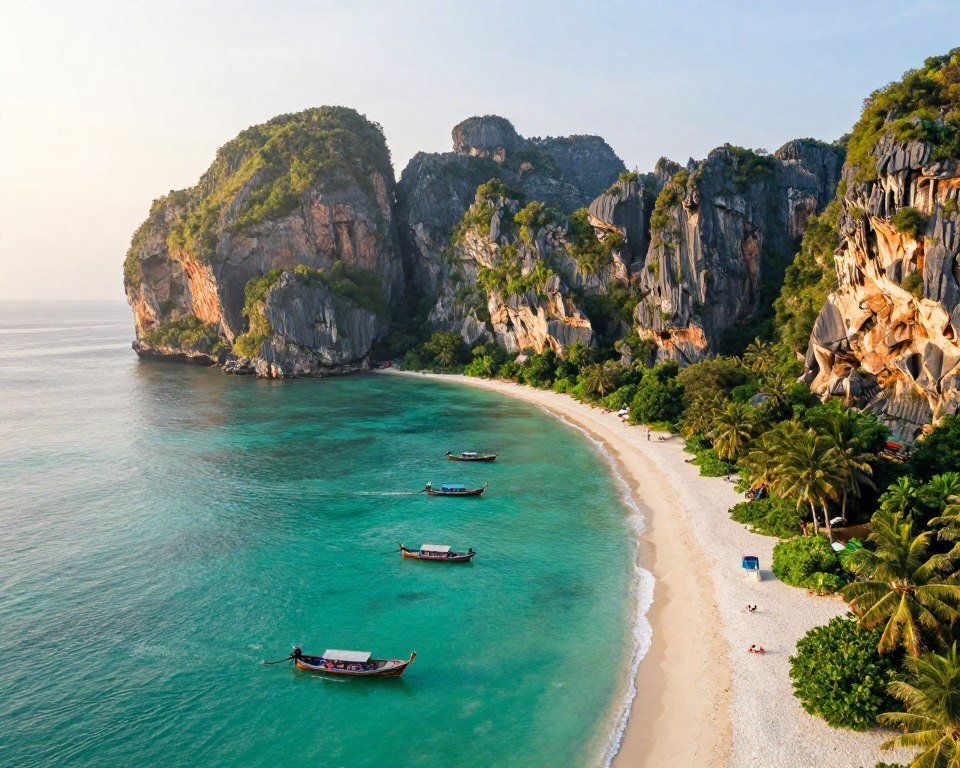 Aerial view of tropical Thai islands with turquoise water and limestone cliffs