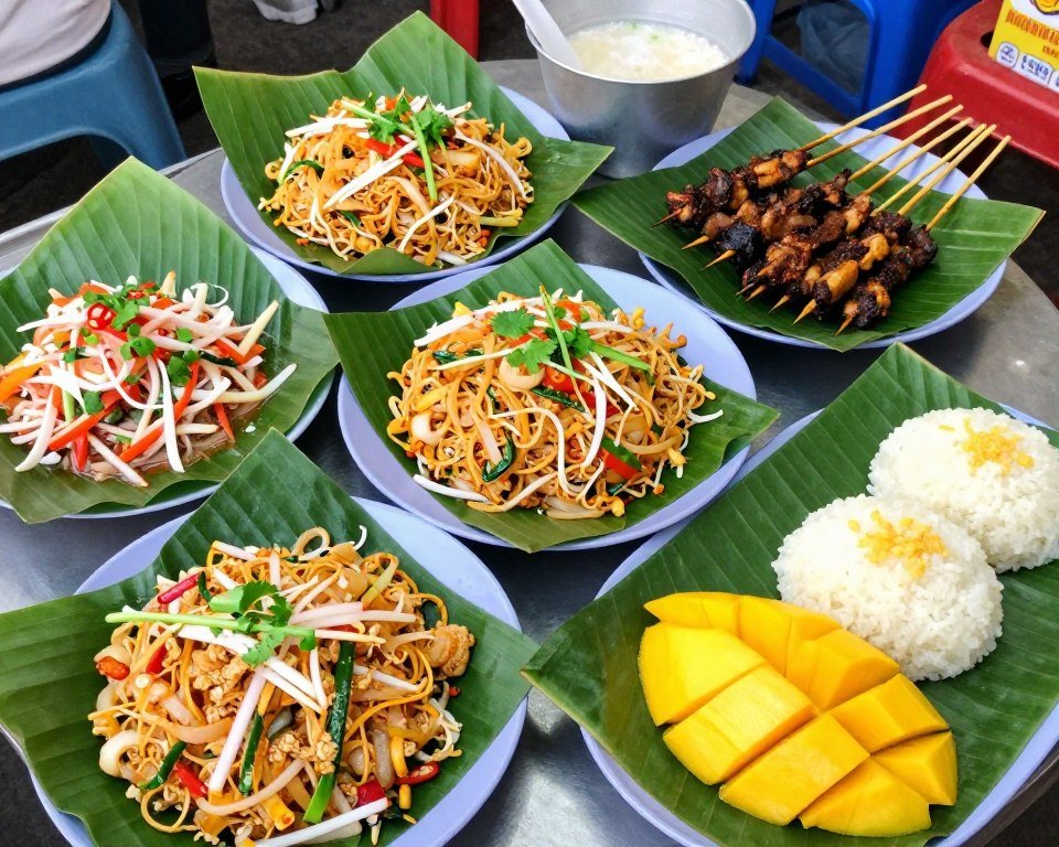 Authentic Thai street food showing pad thai noodles and various dishes on banana leaves
