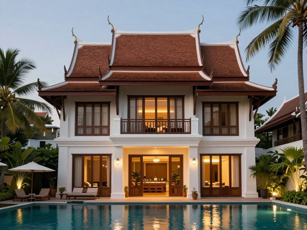 Boutique hotel in Thailand showing traditional architecture with modern amenities and pool