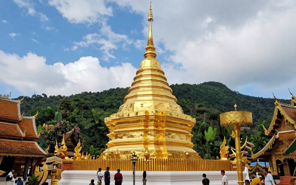 Chiang Mai temples with golden architecture surrounded by mountains and lush vegetation