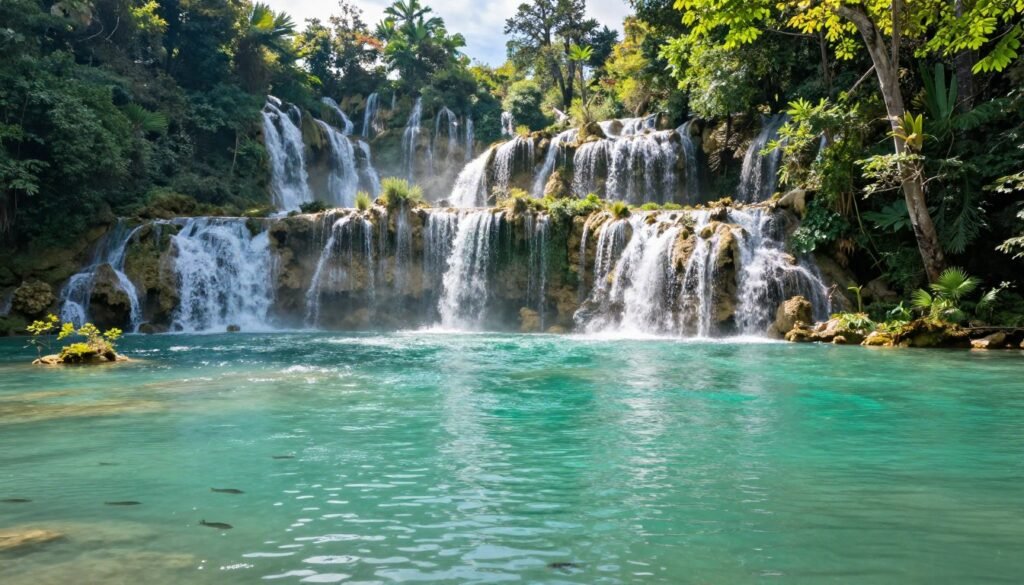 Emerald pool at Erawan National Park with turquoise water and tropical forest