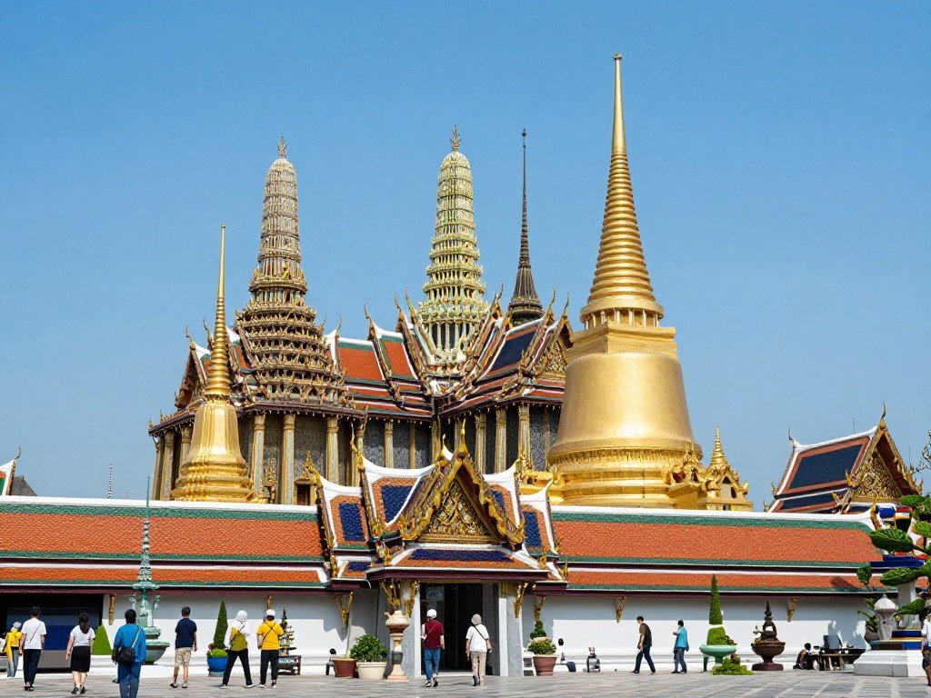 Grand Palace in Bangkok showing golden spires and traditional Thai architecture with tourists