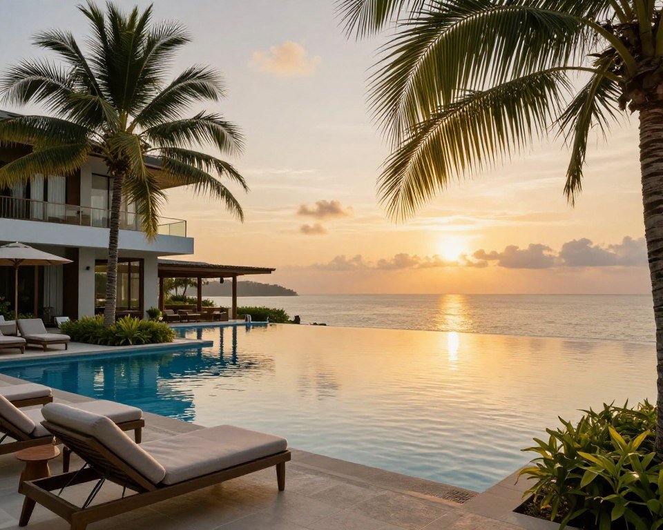Luxury resort pool overlooking Andaman Sea at sunset with palm trees