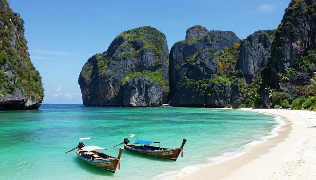 Phi Phi islands showing dramatic limestone cliffs, turquoise water, and long-tail boats