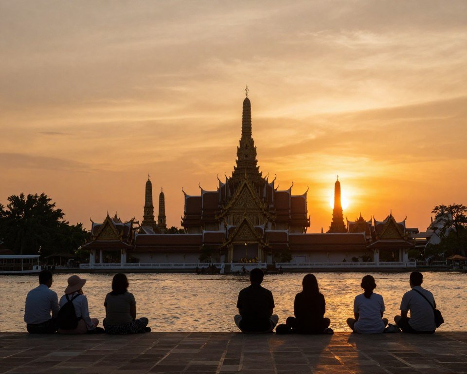Sunset over Thai temple with travelers enjoying the view