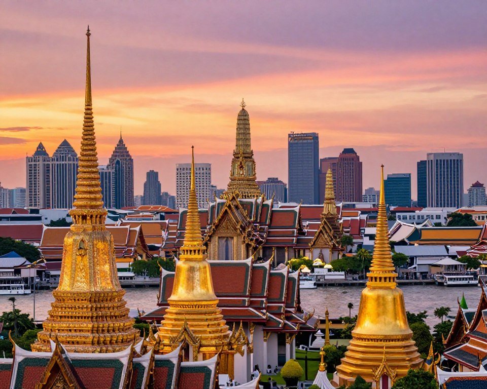 Thailand itinerary for first-timers showing Bangkok skyline with temples and modern buildings