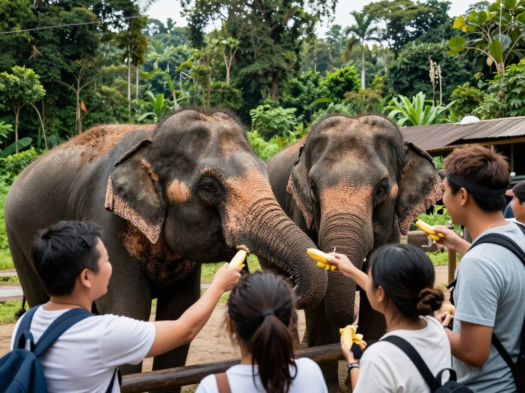 Tourist feeding elephants at ethical sanctuary in northern Thailand