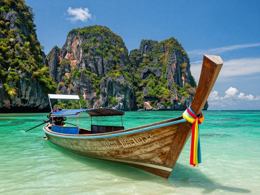 Traditional longtail boats on clear turquoise water at Maya Bay with dramatic cliffs