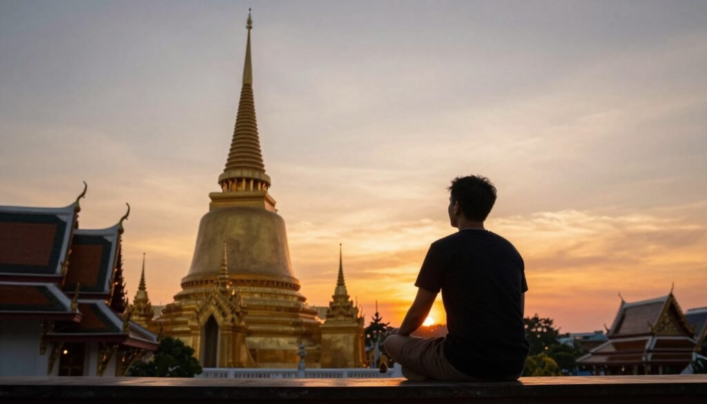 Traveler watching sunset at Thai temple with peaceful atmosphere