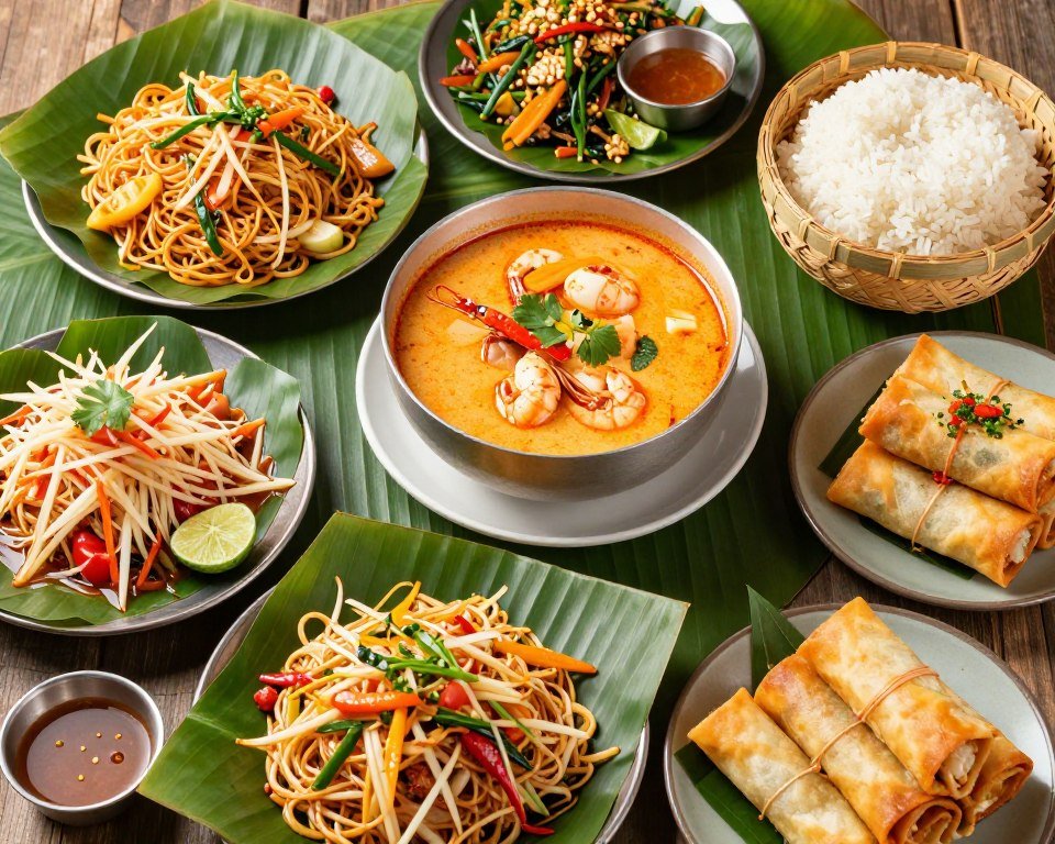 Variety of authentic Thai dishes including pad thai, tom yum, and papaya salad